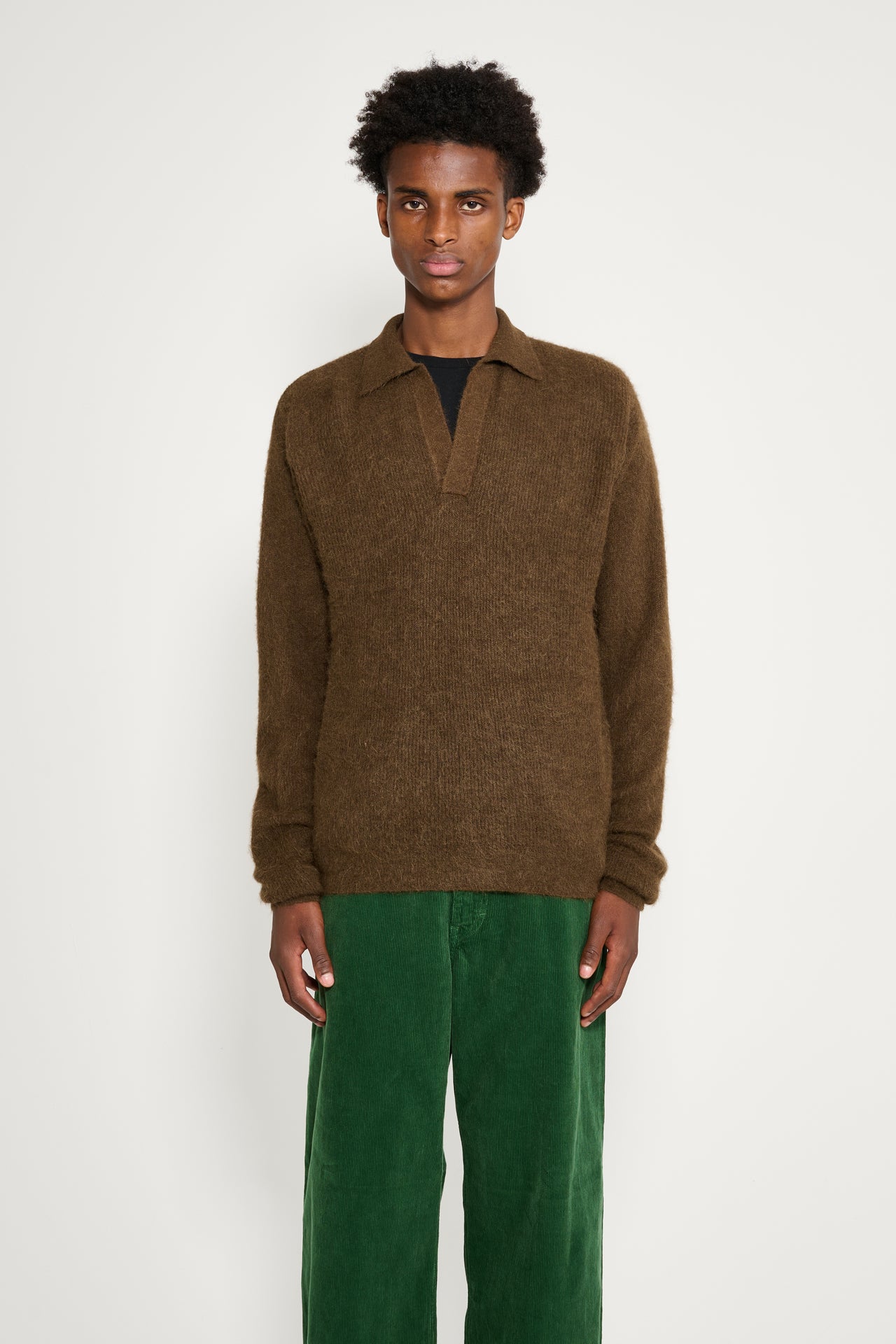 Auralee Baby Suri Alpaca Sheer Knit Skipper Polo Dark Brown