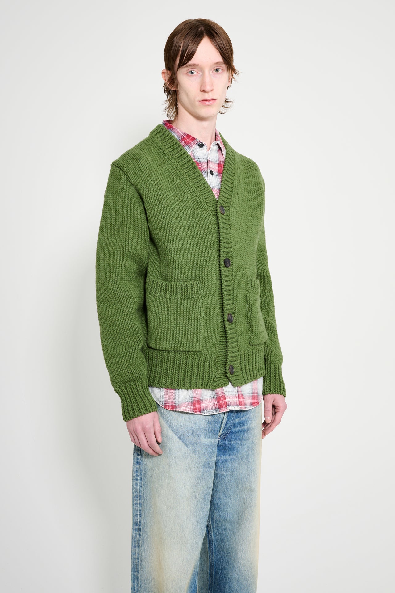 Auralee Wool Cashmere Felted Knit Cardigan Olive