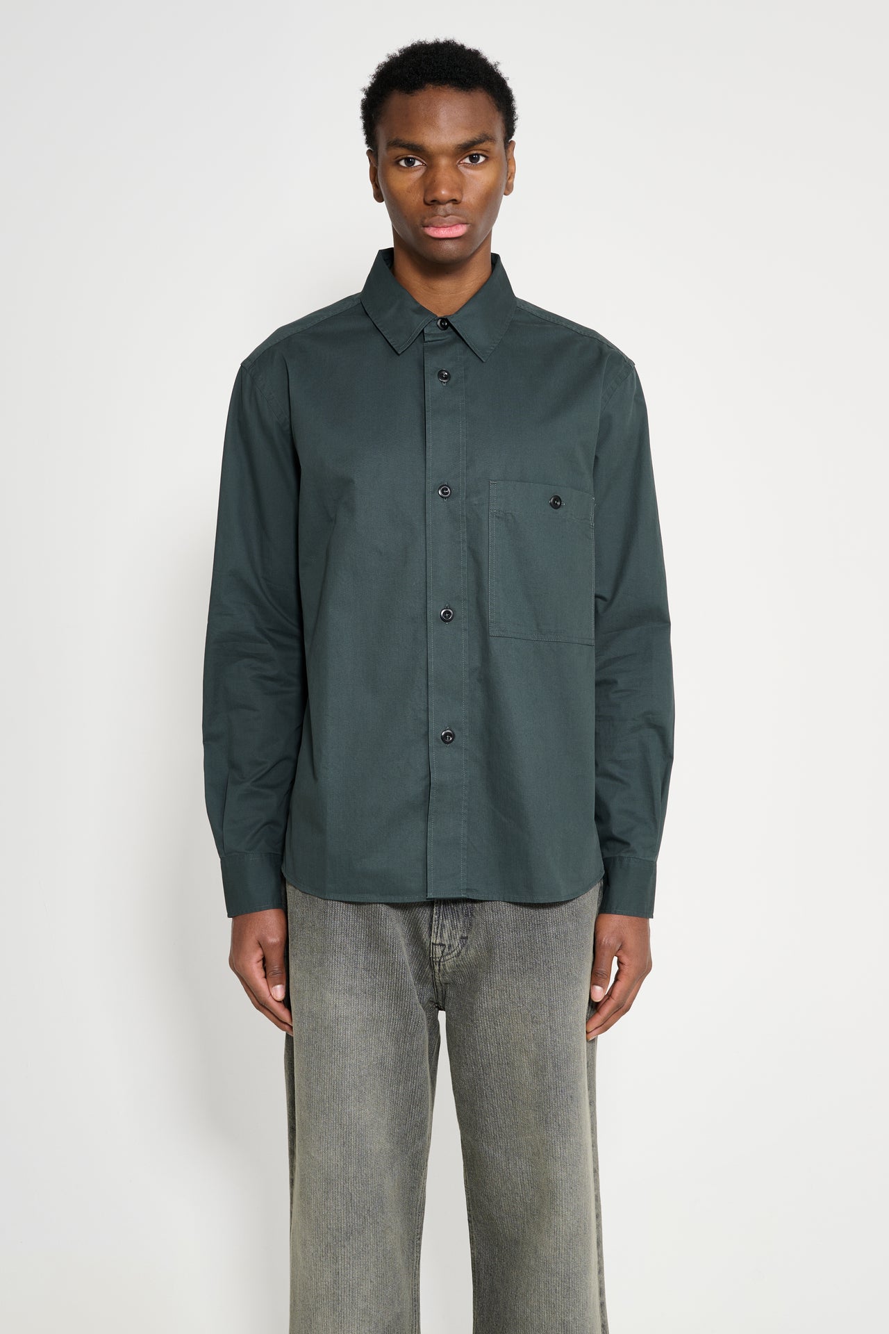 Margaret Howell MHL Overall Shirt Lightweight Brushed Cotton Algae