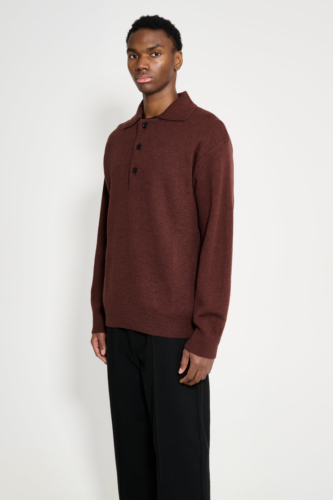 Margaret Howell MHL Oversized Knitted Polo Dry Wool Dark Brown