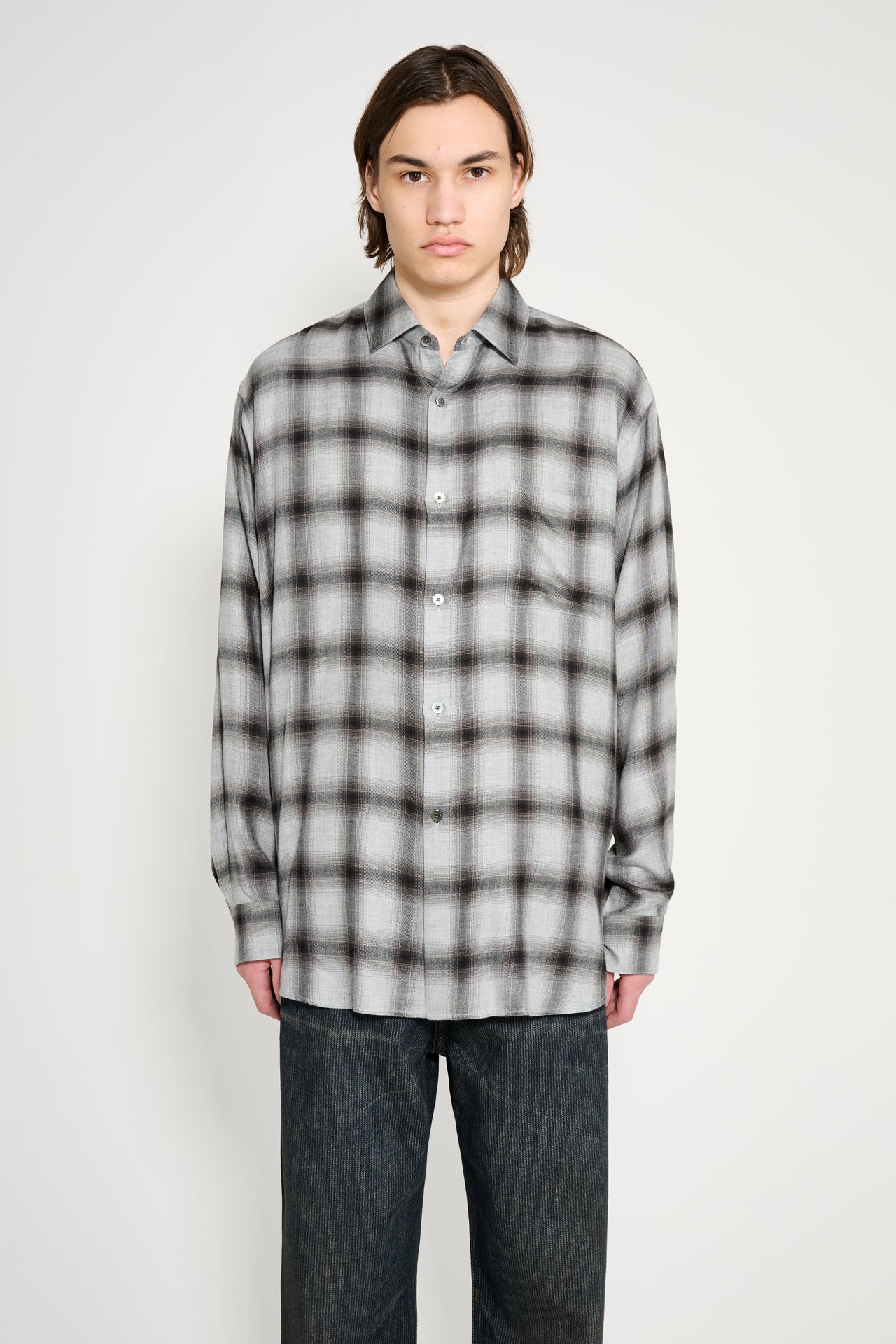 ssstein Rayon / Lyocell Check Oversized Down Pat Shirt Black Ombre