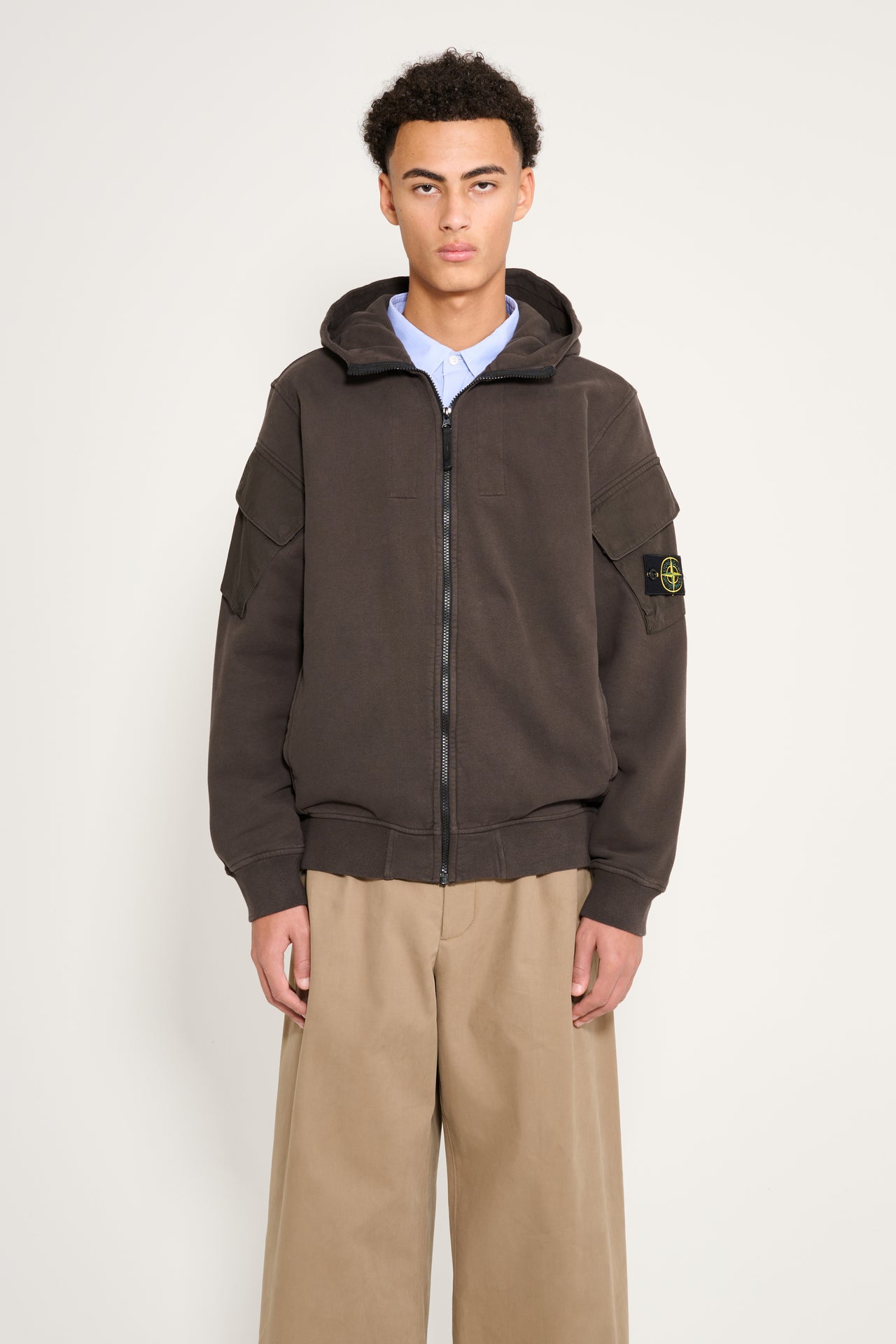 Stone Island Brushed Fleece Zip-Up Hooded Sweatshirt Grey