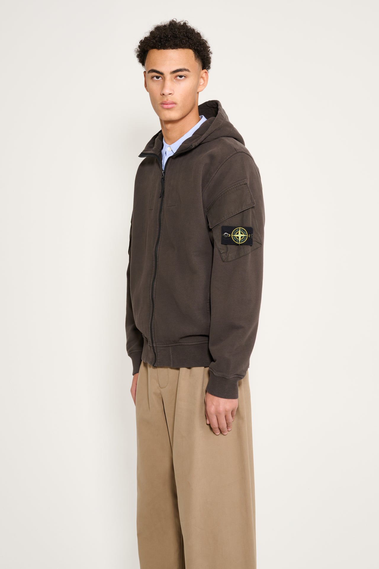 Stone Island Brushed Fleece Zip-Up Hooded Sweatshirt Grey