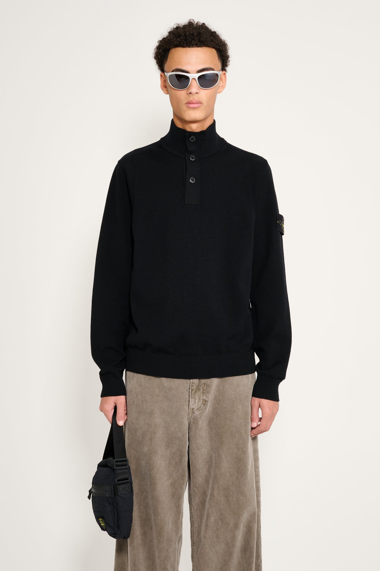 Stone Island Stretch RWS Wool Half Button Jumper Black